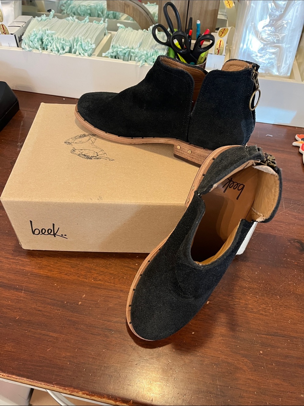 beek Black Suede Ankle Booties with Wooden-Look Sole